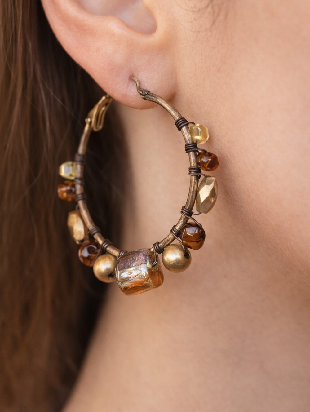 Stylish Women's Vintage Gold-tone Beaded Tie Hoop Earrings